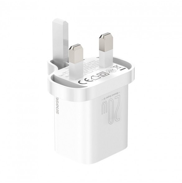 Baseus Super Si 1C snabbladdare USB Typ C 20W Strömförsörjning UK vit + USB Typ C - Lightning-kabel 1m (TZCCSUP-K02)