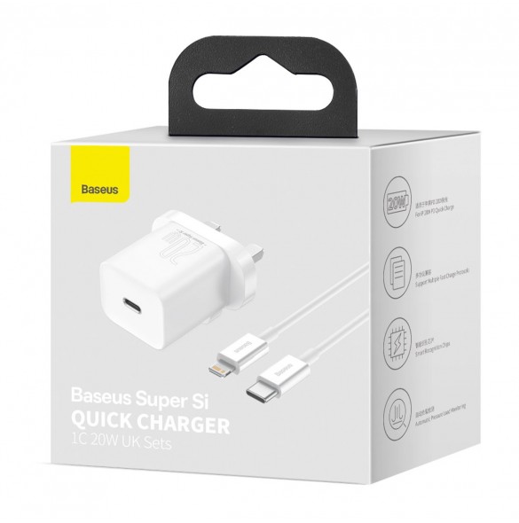 Baseus Super Si 1C snabbladdare USB Typ C 20W Strömförsörjning UK vit + USB Typ C - Lightning-kabel 1m (TZCCSUP-K02)