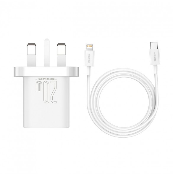 Baseus Super Si 1C snabbladdare USB Typ C 20W Strömförsörjning UK vit + USB Typ C - Lightning-kabel 1m (TZCCSUP-K02)