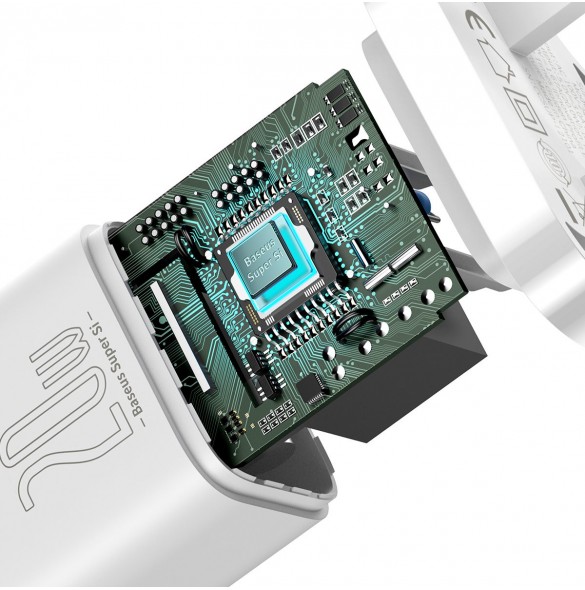 Baseus Super Si 1C snabbladdare USB Typ C 20W Strömförsörjning UK vit + USB Typ C - Lightning-kabel 1m (TZCCSUP-K02)