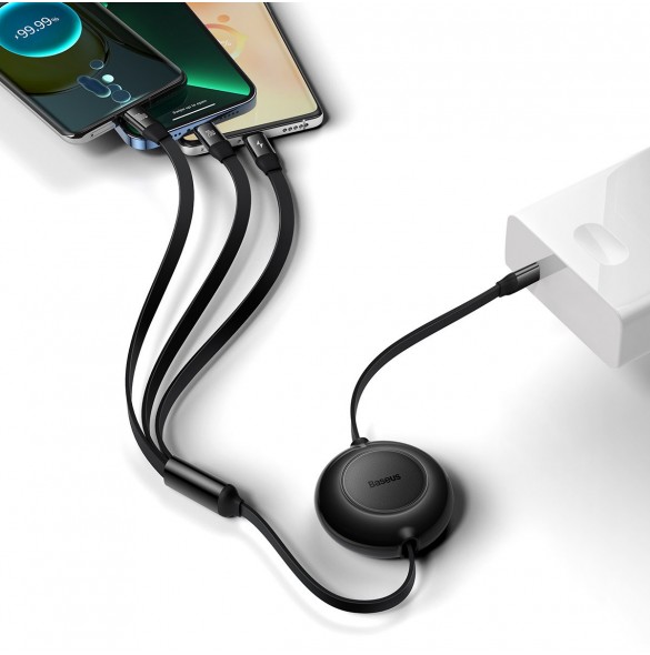 Baseus Bright Mirror 2 infällbar kabel 3-i-1-kabel USB Typ C - micro USB + Lightning + USB Typ C 3.5A 1.1m svart (CAMJ010201)