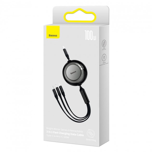 Baseus Bright Mirror 2 infällbar kabel 3-i-1-kabel USB Typ C - micro USB + Lightning + USB Typ C 3.5A 1.1m svart (CAMJ010201)