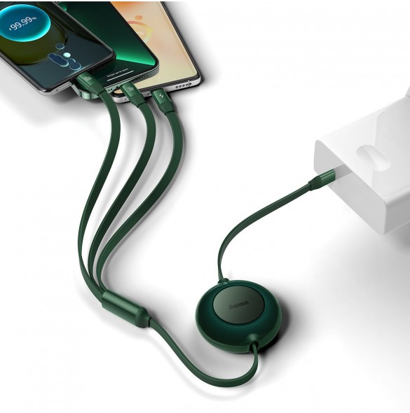 Baseus Bright Mirror 2 infällbar kabel 3-i-1-kabel USB Typ C - micro USB + Lightning + USB Typ C 3.5A 1.1m grön (CAMJ010206)