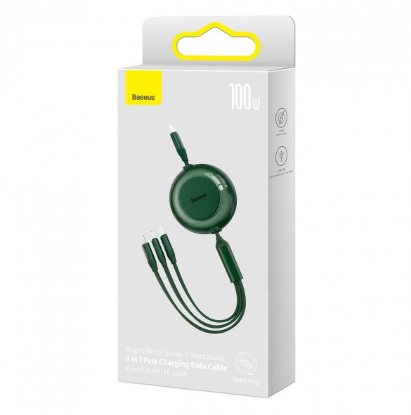 Baseus Bright Mirror 2 infällbar kabel 3-i-1-kabel USB Typ C - micro USB + Lightning + USB Typ C 3.5A 1.1m grön (CAMJ010206)