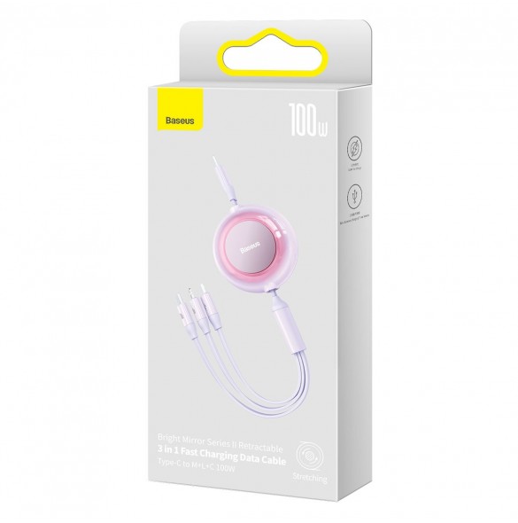 Baseus Bright Mirror 2 infällbar kabel 3-i-1-kabel USB Typ C - micro USB + Lightning + USB Typ C 3.5A 1.1m lila (CAMJ010205)
