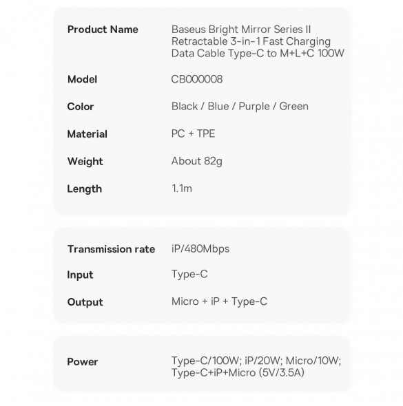 Baseus Bright Mirror 2 infällbar kabel 3-i-1-kabel USB Typ C - micro USB + Lightning + USB Typ C 3.5A 1.1m lila (CAMJ010205)