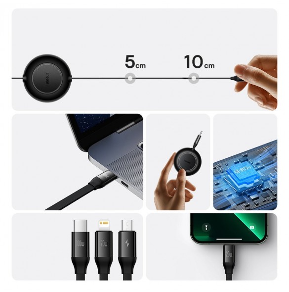 Baseus Bright Mirror 2 infällbar kabel 3-i-1-kabel USB Typ C - micro USB + Lightning + USB Typ C 3.5A 1.1m lila (CAMJ010205)