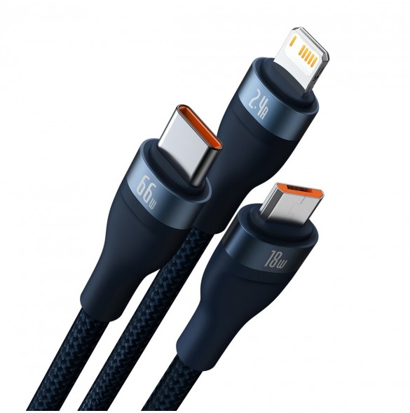Baseus Flash Series II 3in1 snabbladdningskabel USB-A till USB-C / Micro-USB / Lightning 66W 480Mbps 1,2m Blå