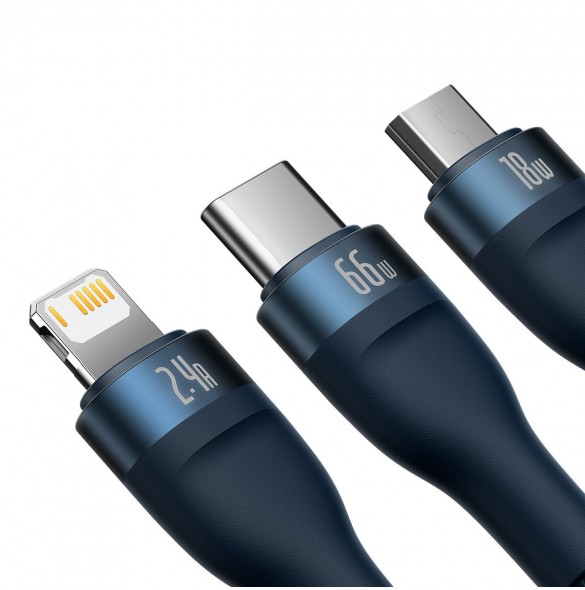 Baseus Flash Series II 3in1 snabbladdningskabel USB-A till USB-C / Micro-USB / Lightning 66W 480Mbps 1,2m Blå