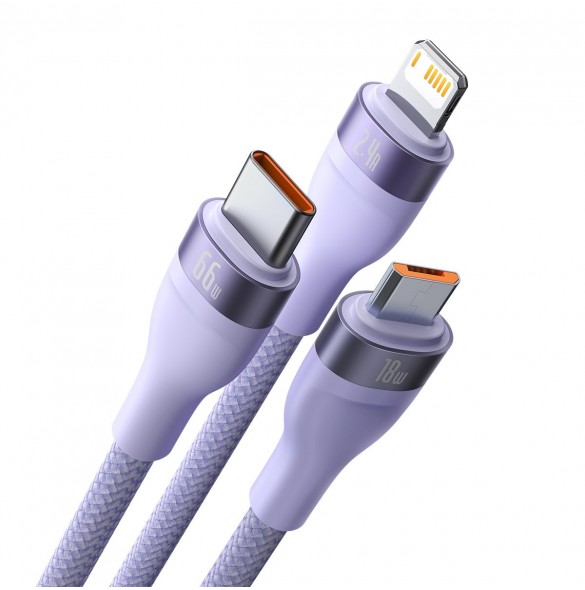 Baseus Flash Series II 3in1 snabbladdningskabel USB-A till USB-C / Micro-USB / Lightning 66W 480Mbps 1,2m Lila