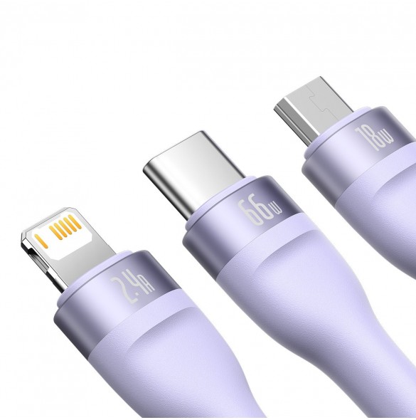 Baseus Flash Series II 3in1 snabbladdningskabel USB-A till USB-C / Micro-USB / Lightning 66W 480Mbps 1,2m Lila