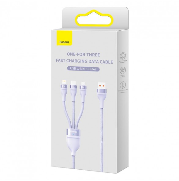 Baseus Flash Series II 3in1 snabbladdningskabel USB-A till USB-C / Micro-USB / Lightning 66W 480Mbps 1,2m Lila