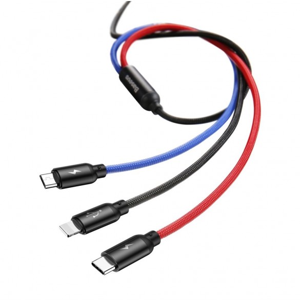 Baseus tre primära färger 3-i-1 USB - mikro-USB / Lightning / USB-C nylonflätad kabel 3,5A 1,2M svart (CAMLT-BSY01)