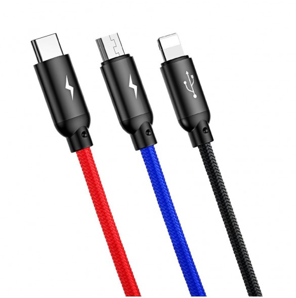 Baseus tre primära färger 3-i-1 USB - mikro-USB / Lightning / USB-C nylonflätad kabel 3,5A 1,2M svart (CAMLT-BSY01)