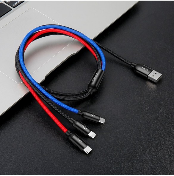 Baseus tre primära färger 3-i-1 USB - mikro-USB / Lightning / USB-C nylonflätad kabel 3,5A 1,2M svart (CAMLT-BSY01)