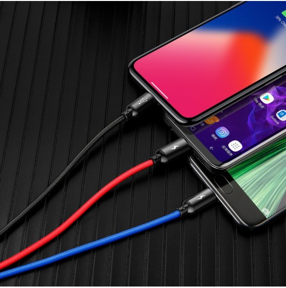 Baseus tre primära färger 3-i-1 USB - mikro-USB / Lightning / USB-C nylonflätad kabel 3,5A 1,2M svart (CAMLT-BSY01)