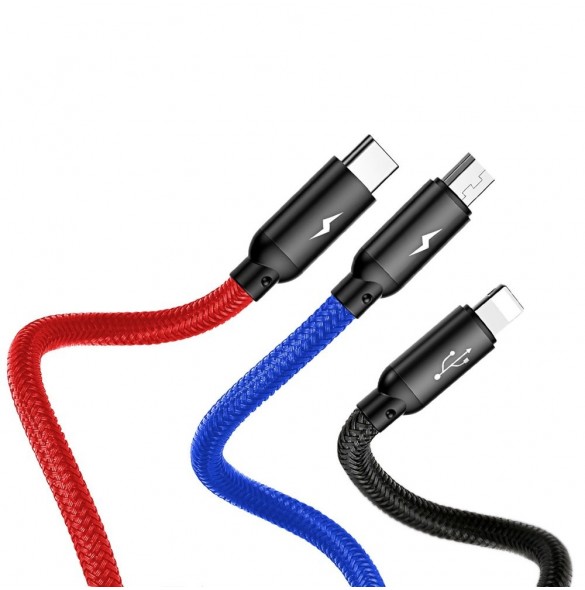 Baseus tre primära färger 3-i-1 USB - mikro-USB / Lightning / USB-C nylonflätad kabel 3,5A 1,2M svart (CAMLT-BSY01)