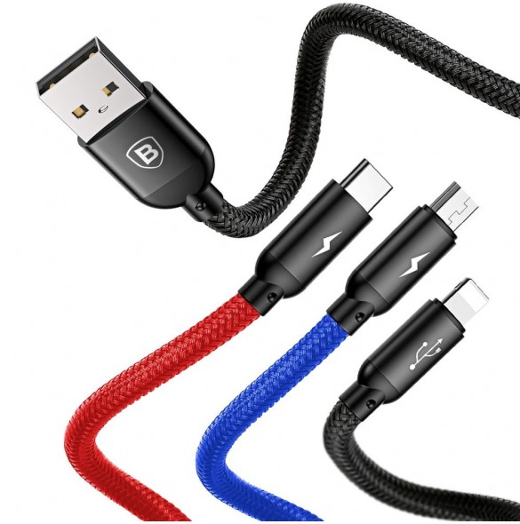 Baseus tre primära färger 3-i-1 USB - mikro-USB / Lightning / USB-C nylonflätad kabel 3,5A 1,2M svart (CAMLT-BSY01)