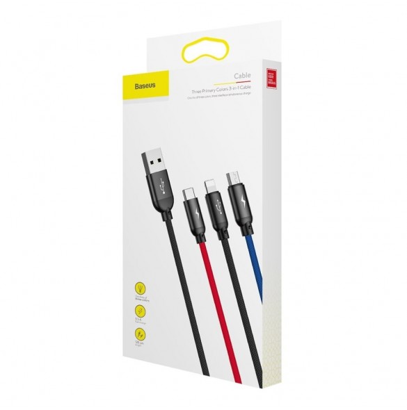 Baseus tre primära färger 3-i-1 USB - mikro-USB / Lightning / USB-C nylonflätad kabel 3,5A 1,2M svart (CAMLT-BSY01)