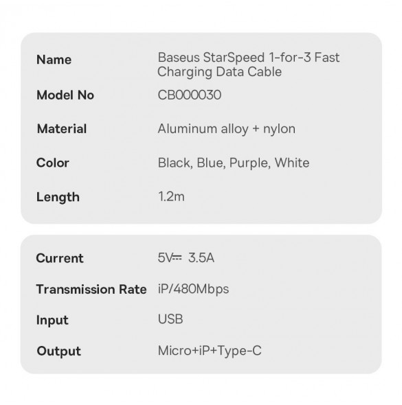 3in1 USB - micro USB / Lightning / USB C 3.5A 1.2m kabel Baseus StarSpeed - svart