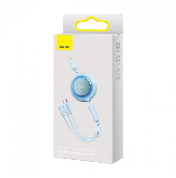 Baseus Bright Mirror 2 3-i-1 USB Typ A-kabel - micro USB + Lightning + USB Typ C 3.5A 1.1m blå (CAMJ010017)