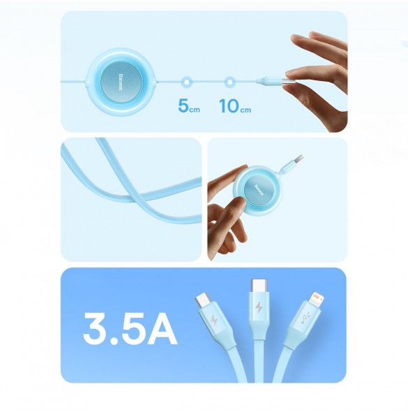 Baseus Bright Mirror 2-kabel 3-i-1-kabel USB Typ A - micro USB + Lightning + USB Typ C 3.5A 1.1m blå (CAMJ010003)