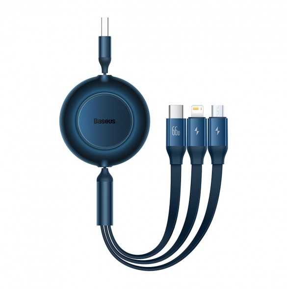 Baseus Bright Mirror 2 infällbar kabel 3-i-1-kabel USB Typ A - micro USB + Lightning + USB Typ C 66W 1,1 m blå (CAMJ010103)