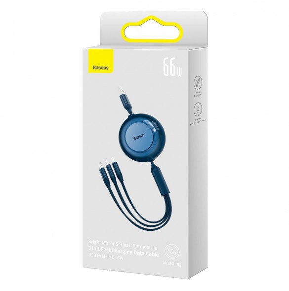 Baseus Bright Mirror 2 infällbar kabel 3-i-1-kabel USB Typ A - micro USB + Lightning + USB Typ C 66W 1,1 m blå (CAMJ010103)