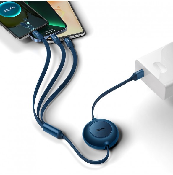 Baseus Bright Mirror 2 infällbar kabel 3-i-1-kabel USB Typ A - micro USB + Lightning + USB Typ C 66W 1,1 m blå (CAMJ010103)