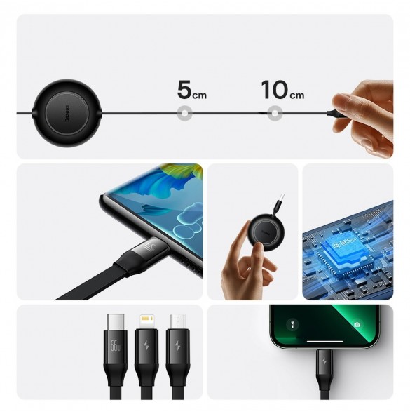 Baseus Bright Mirror 2 infällbar kabel 3-i-1-kabel USB Typ A - micro USB + Lightning + USB Typ C 66W 1,1 m blå (CAMJ010103)