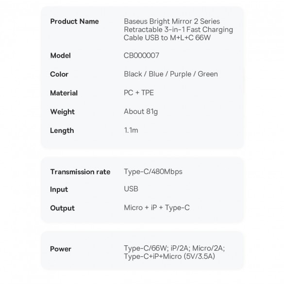 Baseus Bright Mirror 2 infällbar kabel 3-i-1-kabel USB Typ A - micro USB + Lightning + USB Typ C 66W 1,1 m blå (CAMJ010103)