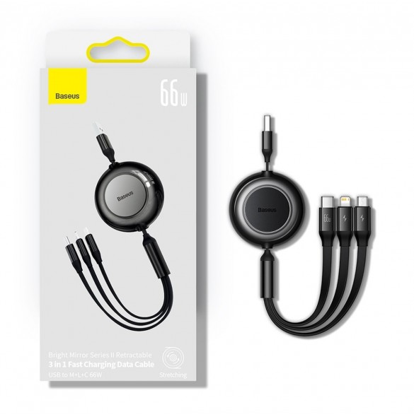 Baseus Bright Mirror 2 infällbar kabel 3-i-1-kabel USB Typ A - micro USB + Lightning + USB Typ C 66W 1,1 m blå (CAMJ010103)