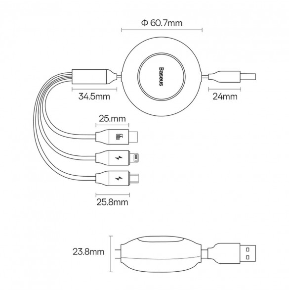 Baseus Bright Mirror 2 infällbar kabel 3-i-1-kabel USB Typ A - micro USB + Lightning + USB Typ C 66W 1,1 m blå (CAMJ010103)