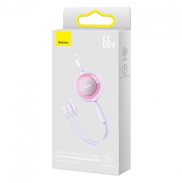 Baseus Bright Mirror 2 infällbar kabel 3-i-1-kabel USB Typ A - micro USB + Lightning + USB Typ C 66W 1,1m lila (CAMJ010105)