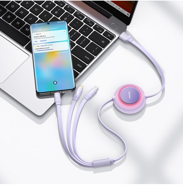 Baseus Bright Mirror 2 infällbar kabel 3-i-1-kabel USB Typ A - micro USB + Lightning + USB Typ C 66W 1,1m lila (CAMJ010105)