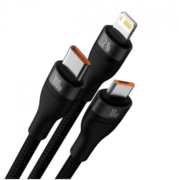 Baseus Flash Series II-kabel USB - USB Typ C / Lightning / micro USB 100 W 1,2 m svart (CASS030001)