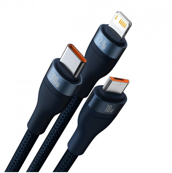 Baseus Flash Series II-kabel USB - USB Typ C / Lightning / micro USB 100 W 1,2 m blå (CASS030003)