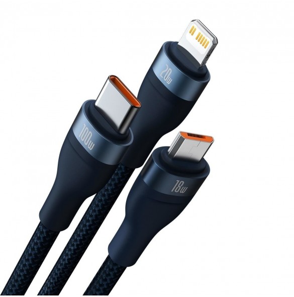 Baseus Flash Series II-kabel USB Typ C / USB Typ A - USB Typ C / Lightning / micro USB 100 W 1,2 m blå (CASS030103)