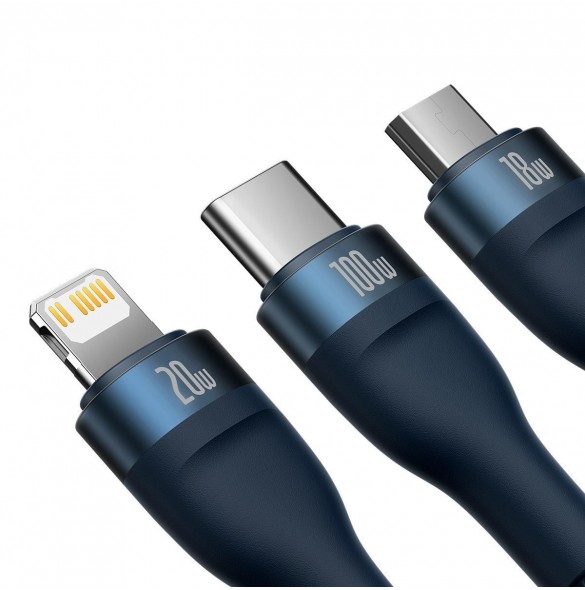 Baseus Flash Series II-kabel USB Typ C / USB Typ A - USB Typ C / Lightning / micro USB 100 W 1,2 m blå (CASS030103)