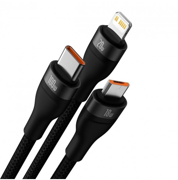 Baseus Flash Series II USB Typ C / USB Typ A-kabel - USB Typ C / Lightning / micro USB 100 W 1,2 m svart (CASS030101)