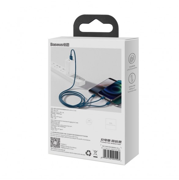 Baseus Superior 3in1 USB-kabel - Lightning / USB Type C / micro USB 3,5 A 1,5 m blå (CAMLTYS-03)