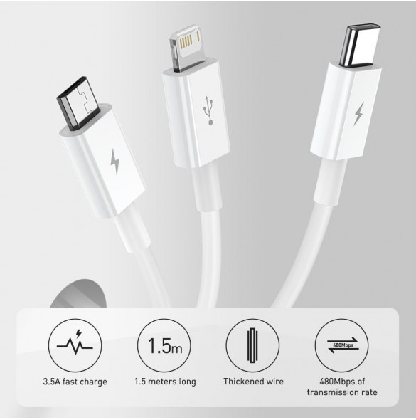 Baseus Superior 3in1 USB-kabel - Lightning / USB Type C / micro USB 3,5 A 1,5 m blå (CAMLTYS-03)