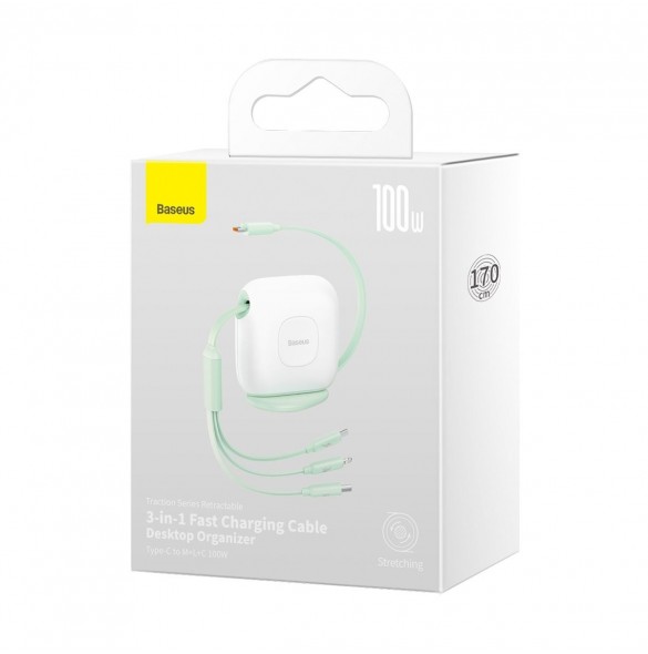 Baseus Traction Series 3-i-1 infällbar kabel USB Typ C - micro USB / USB Typ C / Lightning Power Delivery 100W 1,7 m grön (CAQY0