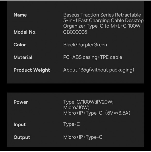 Baseus Traction Series 3-i-1 infällbar kabel USB Typ C - micro USB / USB Typ C / Lightning Power Delivery 100W 1,7 m grön (CAQY0