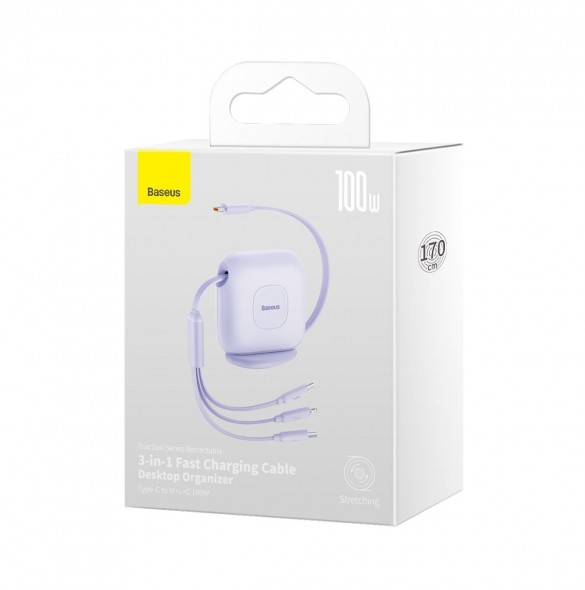 Baseus Traction Series 3-i-1 infällbar kabel USB Typ C - micro USB / USB Typ C / Lightning Power Delivery 100W 1,7m lila (CAQY00