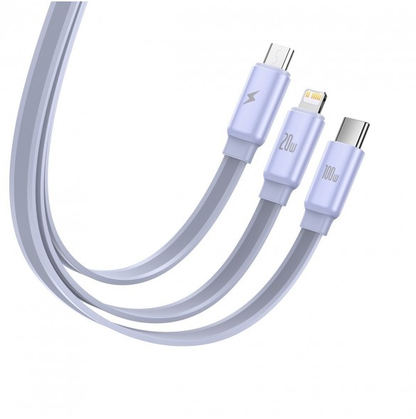 Baseus Traction Series 3-i-1 infällbar kabel USB Typ C - micro USB / USB Typ C / Lightning Power Delivery 100W 1,7m lila (CAQY00