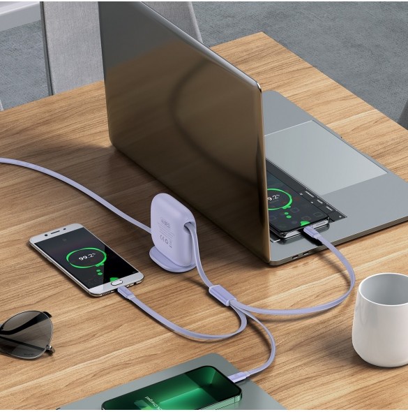 Baseus Traction Series 3-i-1 infällbar kabel USB Typ C - micro USB / USB Typ C / Lightning Power Delivery 100W 1,7m lila (CAQY00