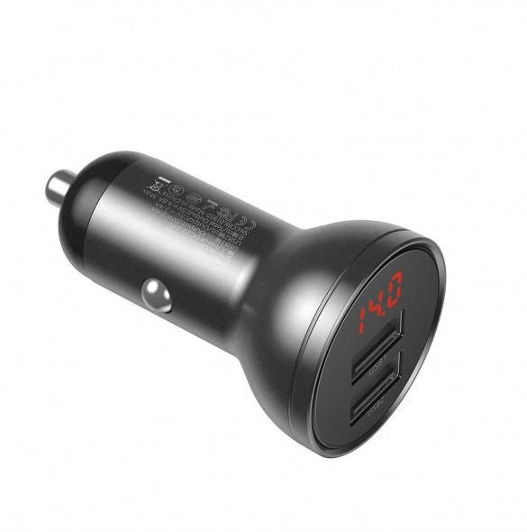 Baseus 2x USB 4.8A 24W billaddare med LCD + 3in1 kabel USB - USB Typ C / micro USB / Lightning 1.2m svart (TZCCBX-0G)