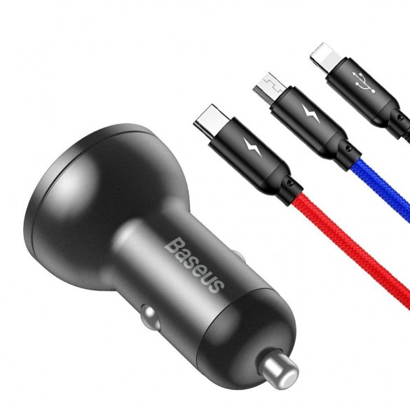 Baseus 2x USB 4.8A 24W billaddare med LCD + 3in1 kabel USB - USB Typ C / micro USB / Lightning 1.2m svart (TZCCBX-0G)