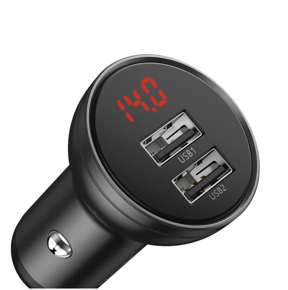 Baseus 2x USB 4.8A 24W billaddare med LCD + 3in1 kabel USB - USB Typ C / micro USB / Lightning 1.2m svart (TZCCBX-0G)